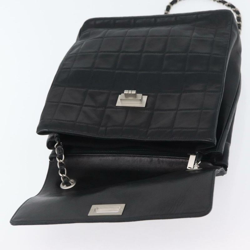 【日本直送】香奈兒 Choco Bar 鏈單肩包 羊皮 黑色 銀色 CC 標誌 Auth bs33473-9