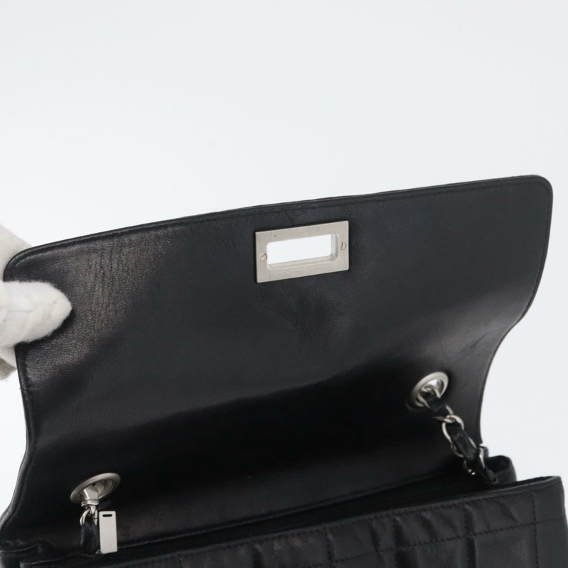 【日本直送】香奈兒 Choco Bar 鏈單肩包 羊皮 黑色 銀色 CC 標誌 Auth bs33473-17