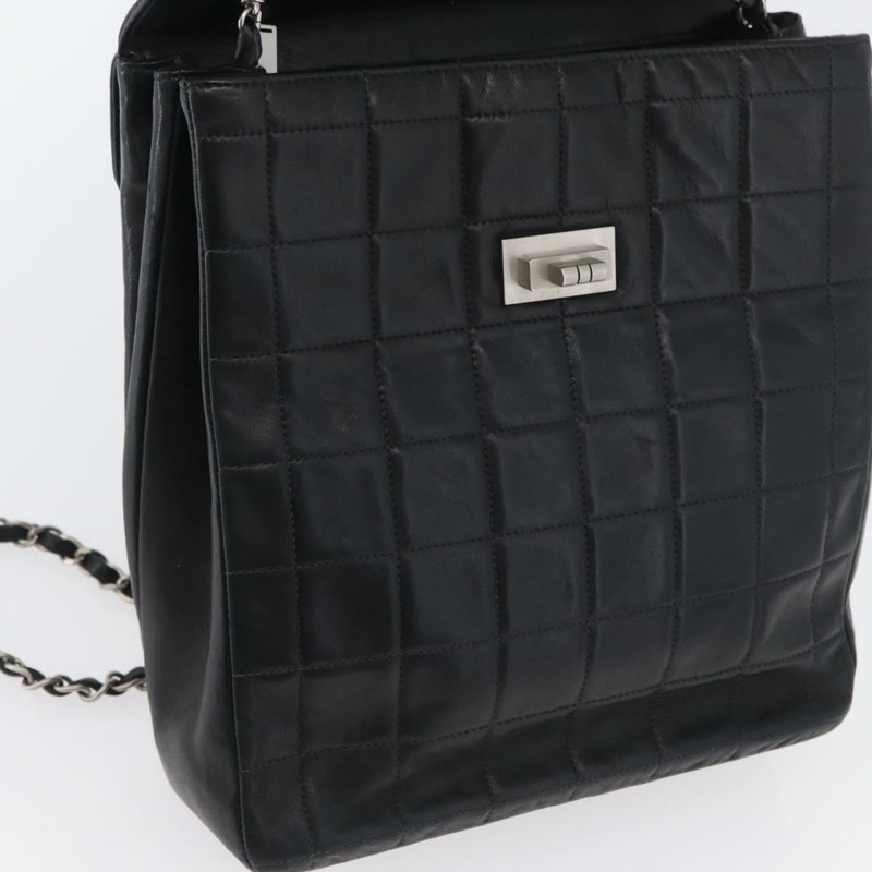 【日本直送】香奈兒 Choco Bar 鏈單肩包 羊皮 黑色 銀色 CC 標誌 Auth bs33473-18