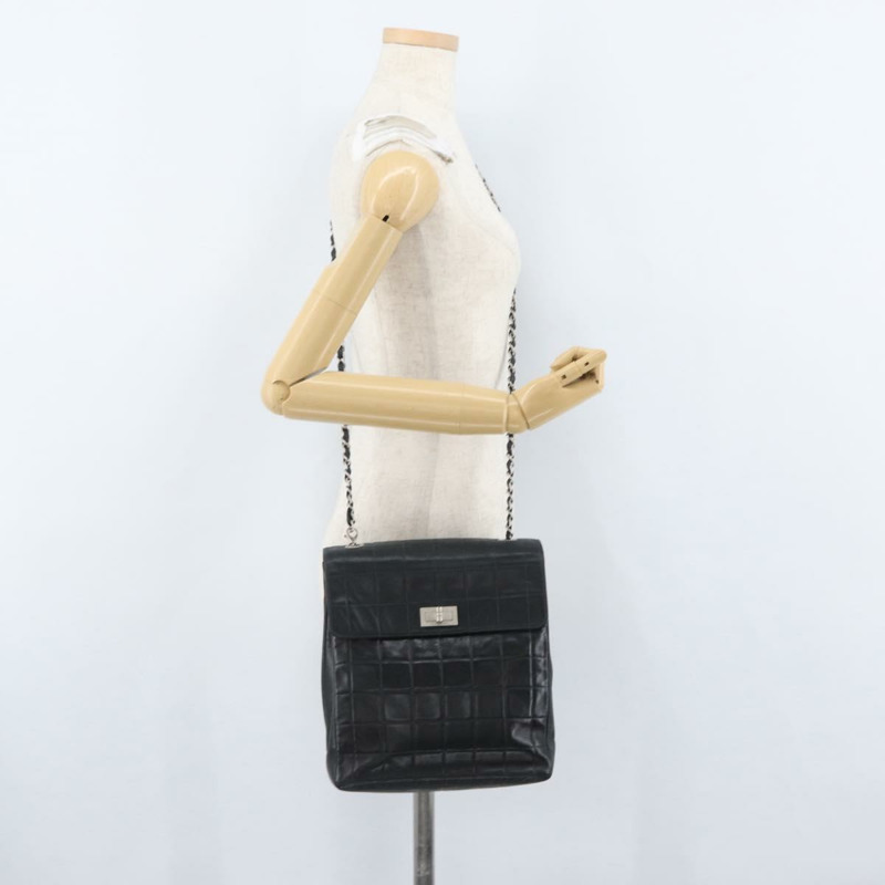 【日本直送】香奈兒 Choco Bar 鏈單肩包 羊皮 黑色 銀色 CC 標誌 Auth bs33473-27