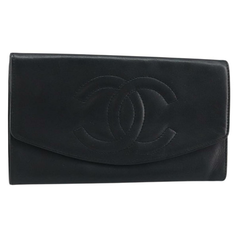 香奈兒長版皮夾，黑色皮革，金色雙C標誌，正品編號bs33478V