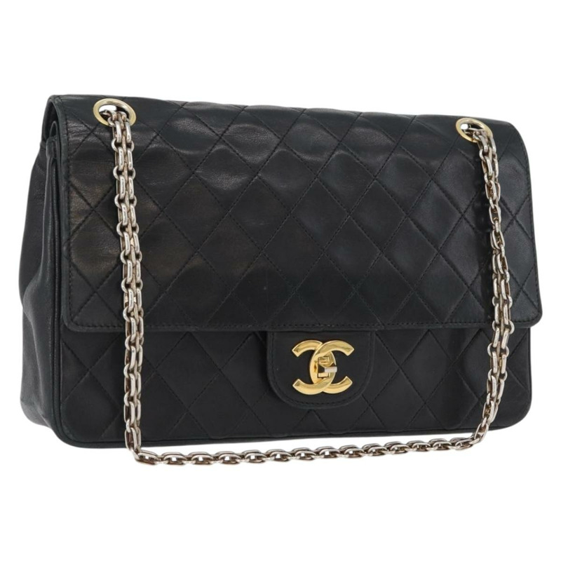 【日本直送】香奈兒 (CHANEL) 絎縫鏈條肩背包，羊皮材質，復古黑色，金色雙C標誌，正品編號 166840A-0