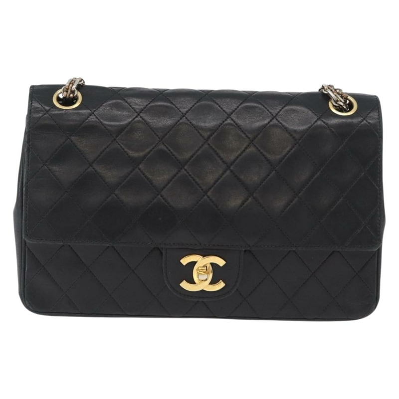 【日本直送】香奈兒 (CHANEL) 絎縫鏈條肩背包，羊皮材質，復古黑色，金色雙C標誌，正品編號 166840A-12