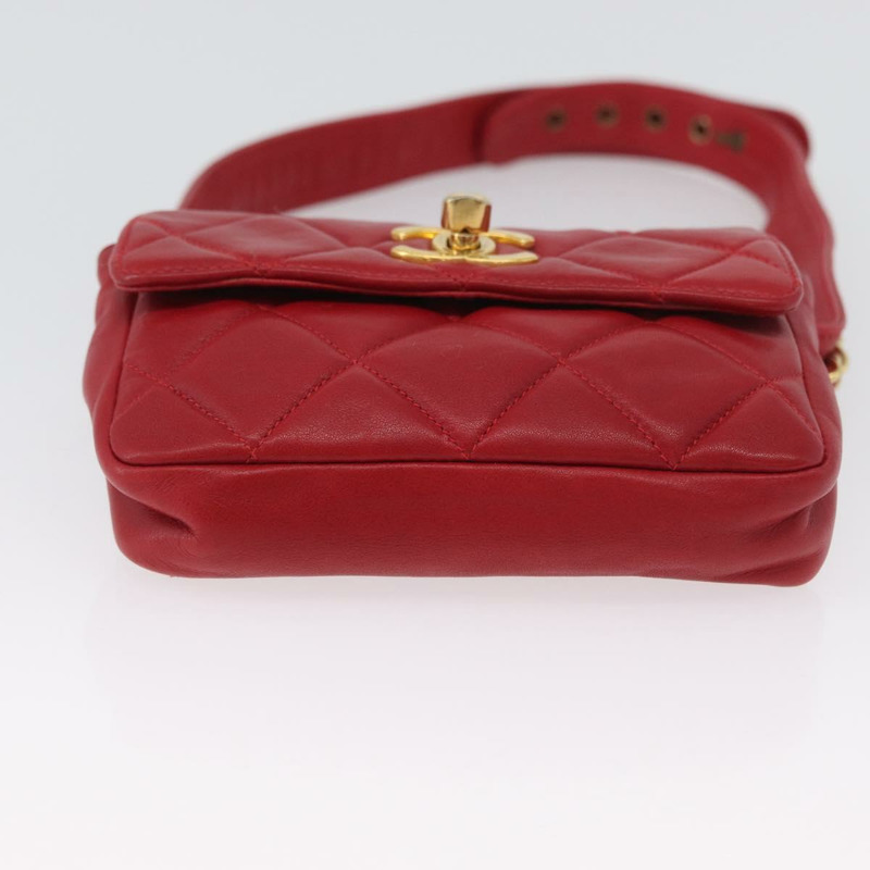 【日本直送】香奈兒 Matelasse 腰包，羊皮材質，紅色，金色雙C標誌，貨號 165374V-4