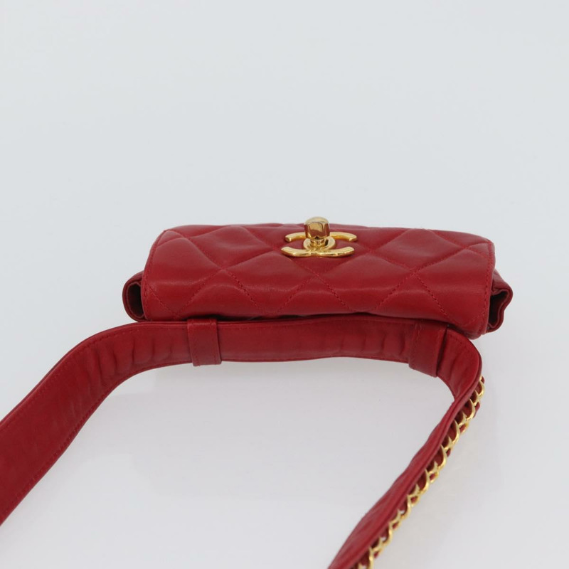 【日本直送】香奈兒 Matelasse 腰包，羊皮材質，紅色，金色雙C標誌，貨號 165374V-5