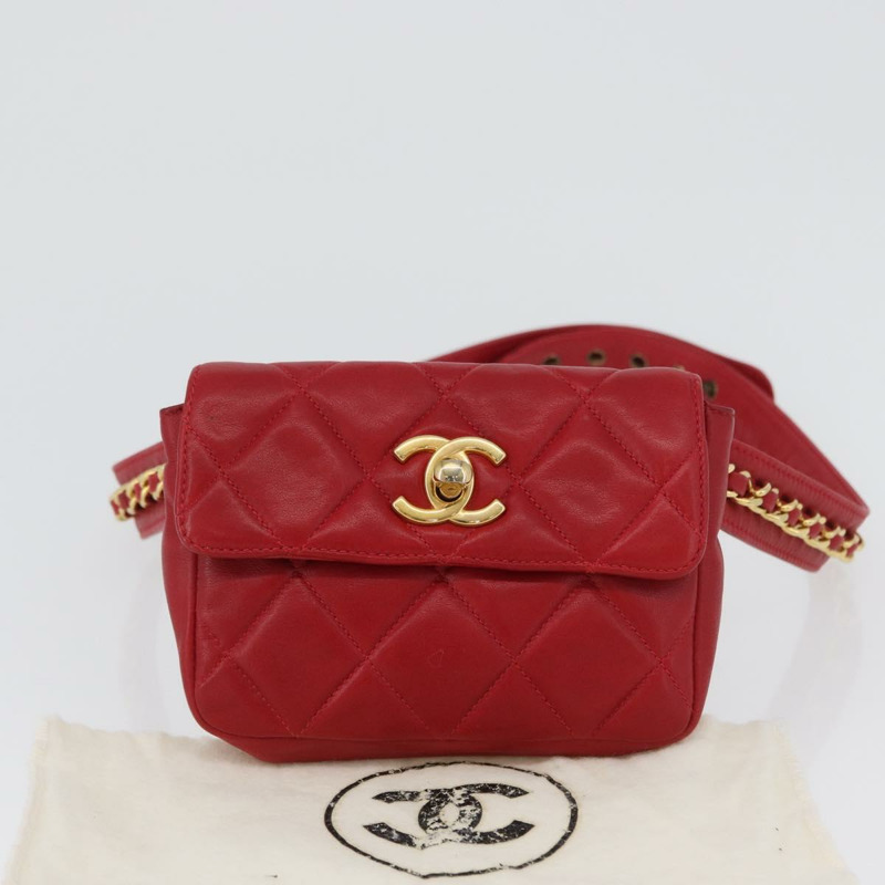 【日本直送】香奈兒 Matelasse 腰包，羊皮材質，紅色，金色雙C標誌，貨號 165374V-11