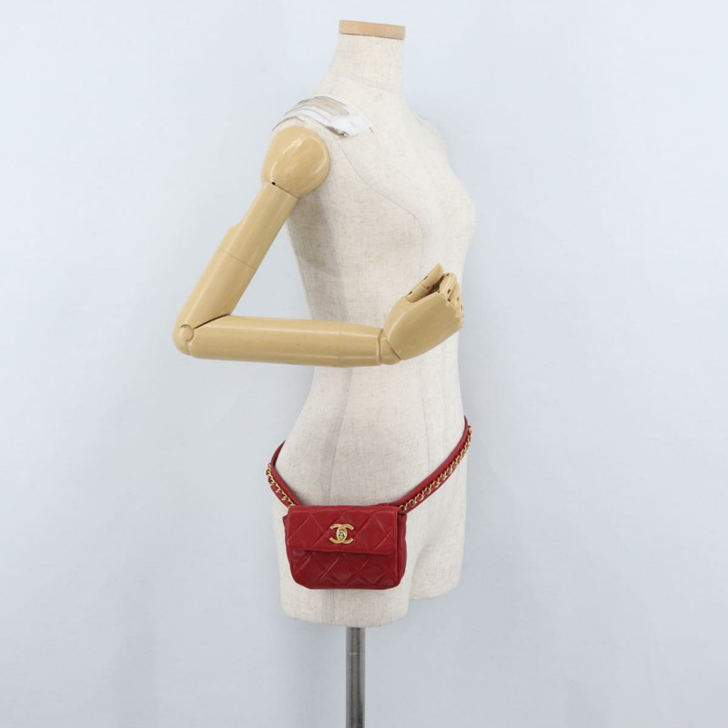 【日本直送】香奈兒 Matelasse 腰包，羊皮材質，紅色，金色雙C標誌，貨號 165374V-23