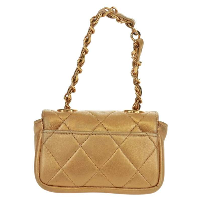 【日本直送】香奈兒迷你絎縫10鏈條手柄羊皮手拿包，金色雙C標誌，貨號165375V-1