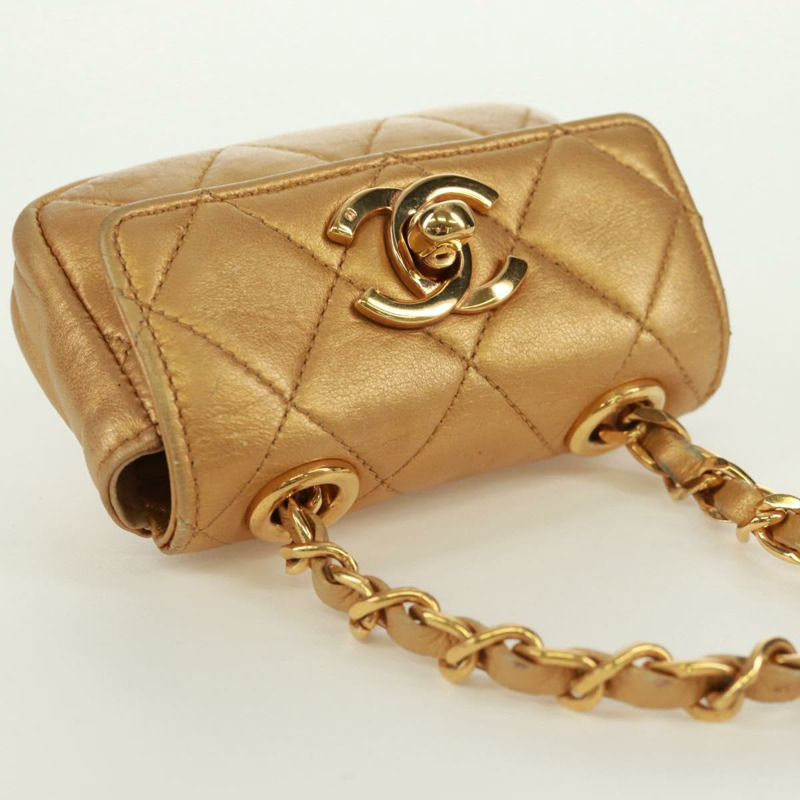 【日本直送】香奈兒迷你絎縫10鏈條手柄羊皮手拿包，金色雙C標誌，貨號165375V-5