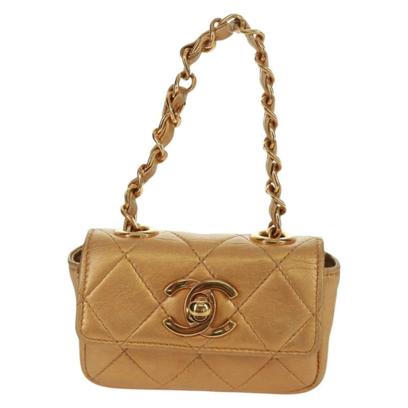 【日本直送】香奈兒迷你絎縫10鏈條手柄羊皮手拿包，金色雙C標誌，貨號165375V-12