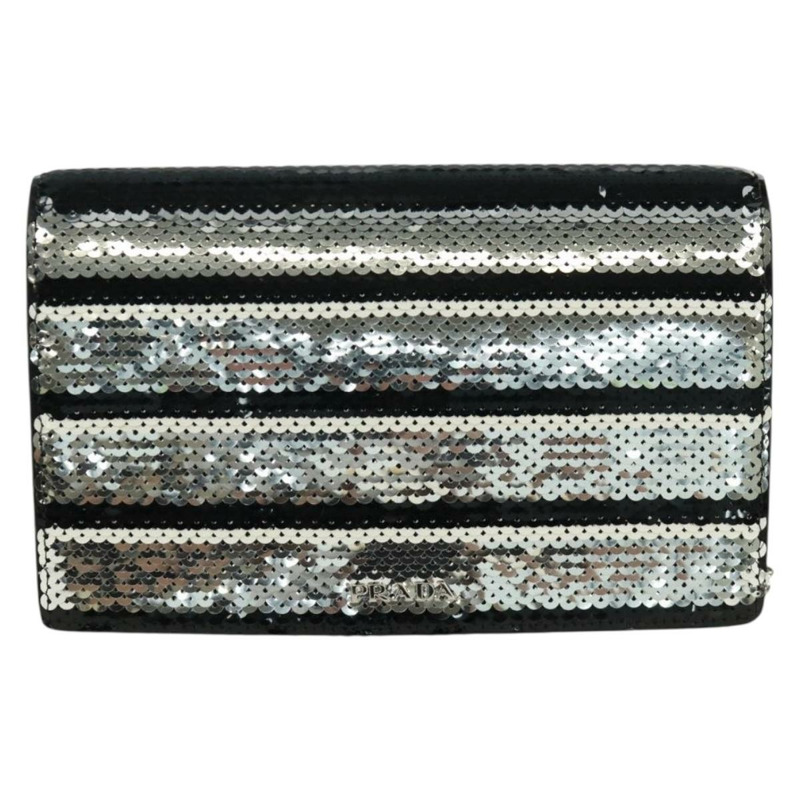 【日本直送】PRADA 鏈條亮片肩背包 皮革 黑色 銀色 正品 165358-1