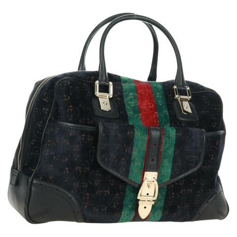 GUCCI Web Sherry Line 馬銜扣手提包 絲絨 黑色 金 紅色 145771 正品 165367V