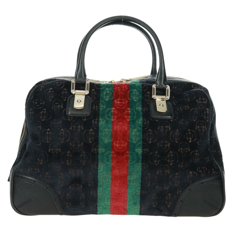 【日本直送】GUCCI Web Sherry Line 馬銜扣手提包 絲絨 黑色 金 紅色 145771 正品 165367V-1