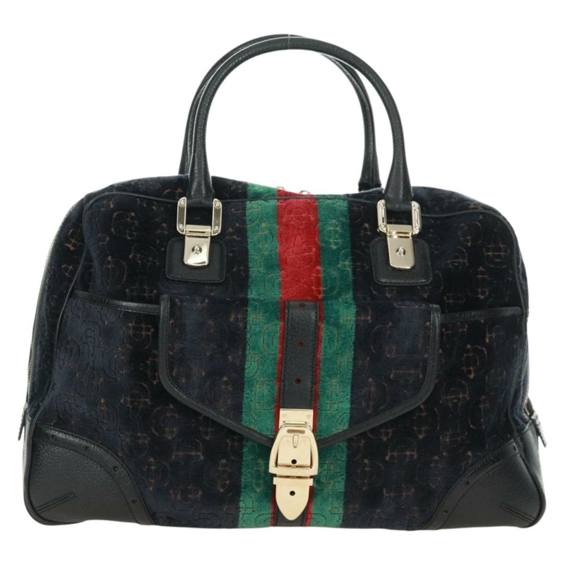 【日本直送】GUCCI Web Sherry Line 馬銜扣手提包 絲絨 黑色 金 紅色 145771 正品 165367V-12