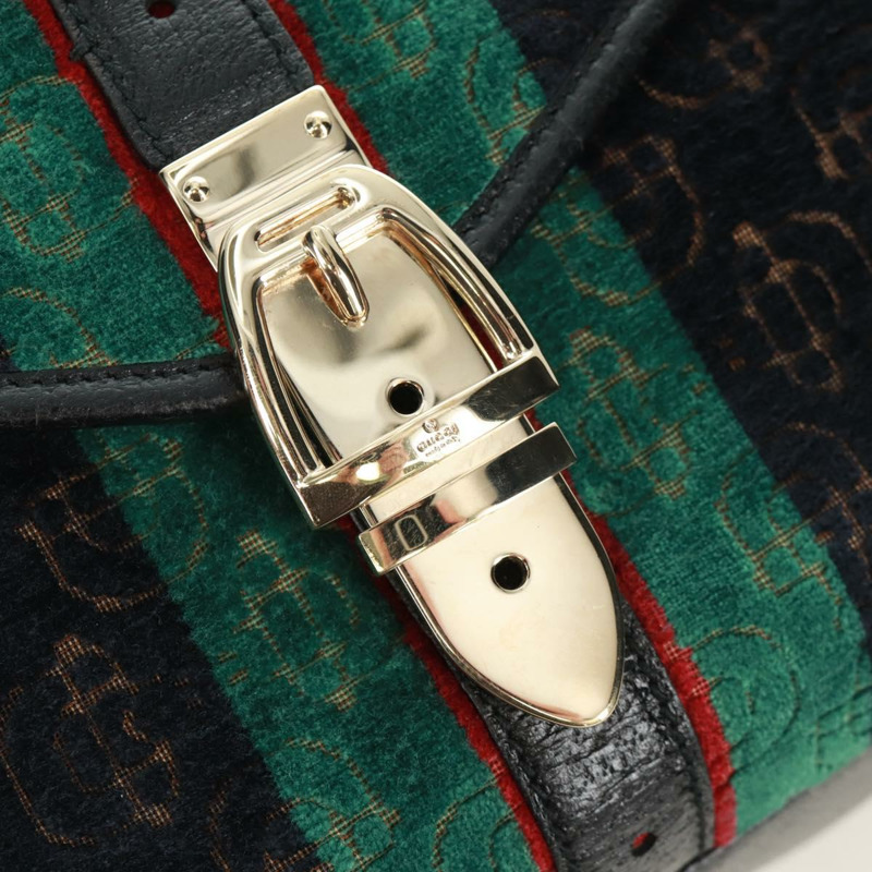 【日本直送】GUCCI Web Sherry Line 馬銜扣手提包 絲絨 黑色 金 紅色 145771 正品 165367V-17