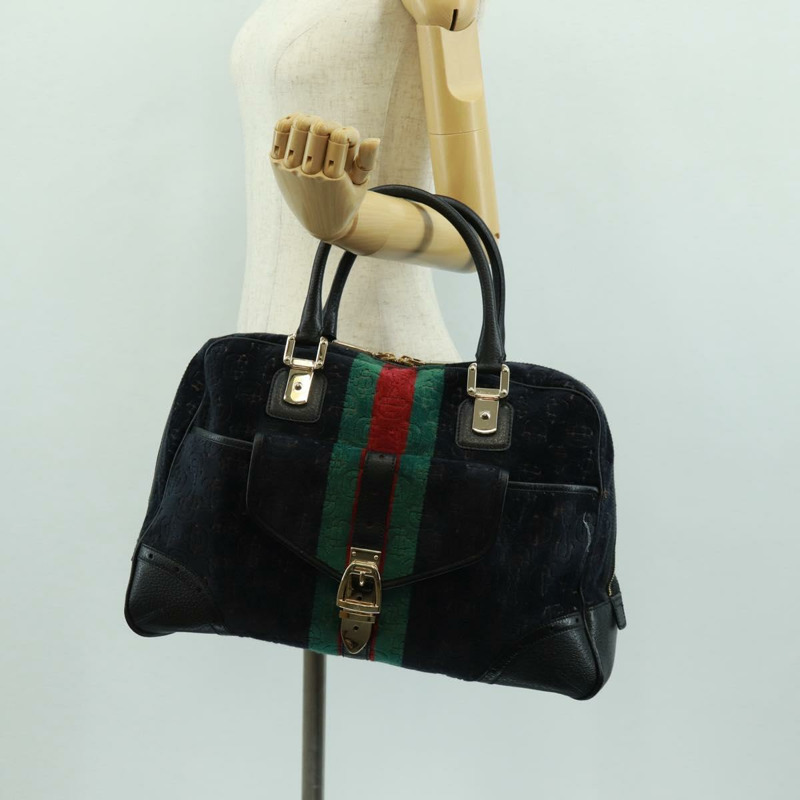 【日本直送】GUCCI Web Sherry Line 馬銜扣手提包 絲絨 黑色 金 紅色 145771 正品 165367V-25