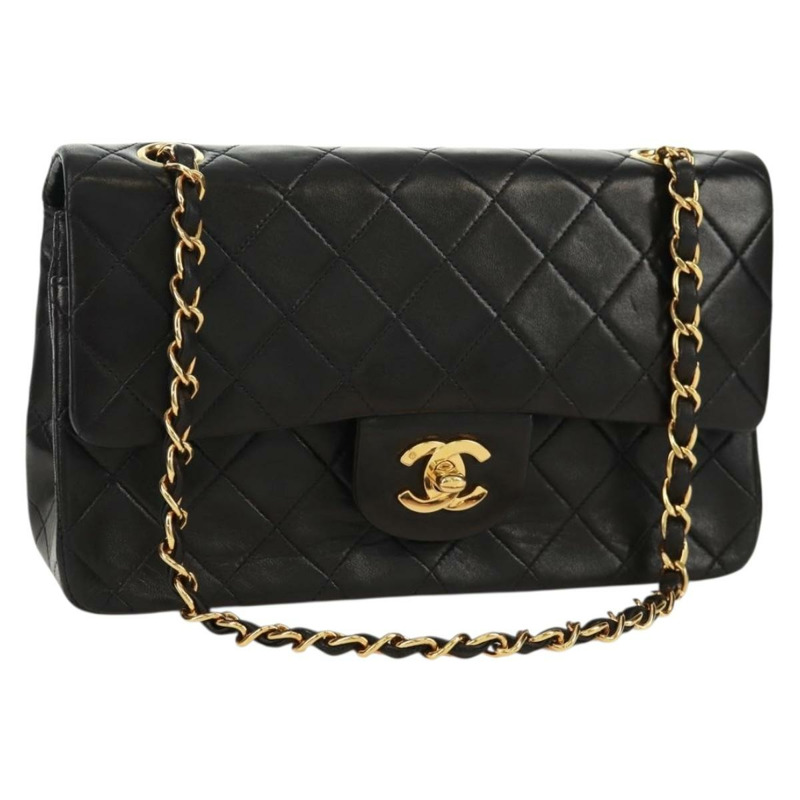 【日本直送】香奈兒雙蓋鏈條絎縫23號包，羊皮材質，黑色金色雙C標誌，正品SK010SV-0