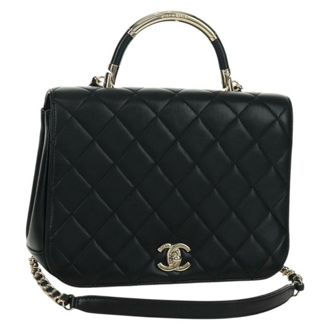 香奈兒單蓋絎縫23羊皮手提包，黑色雙C標誌，SK007SM