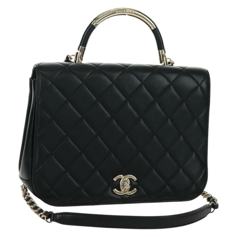 【日本直送】香奈兒單蓋絎縫23羊皮手提包，黑色雙C標誌，SK007SM-0