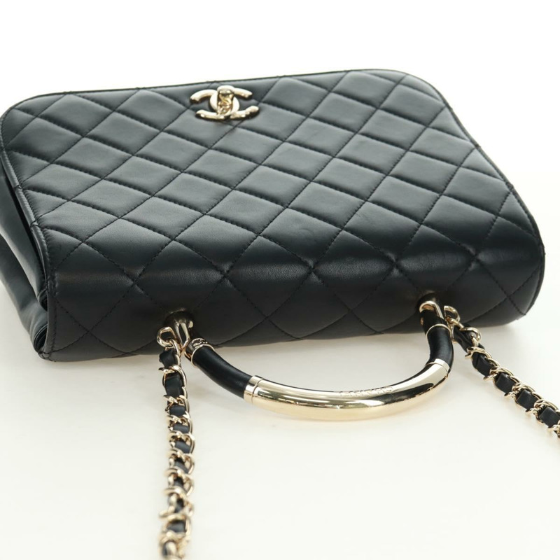 【日本直送】香奈兒單蓋絎縫23羊皮手提包，黑色雙C標誌，SK007SM-5