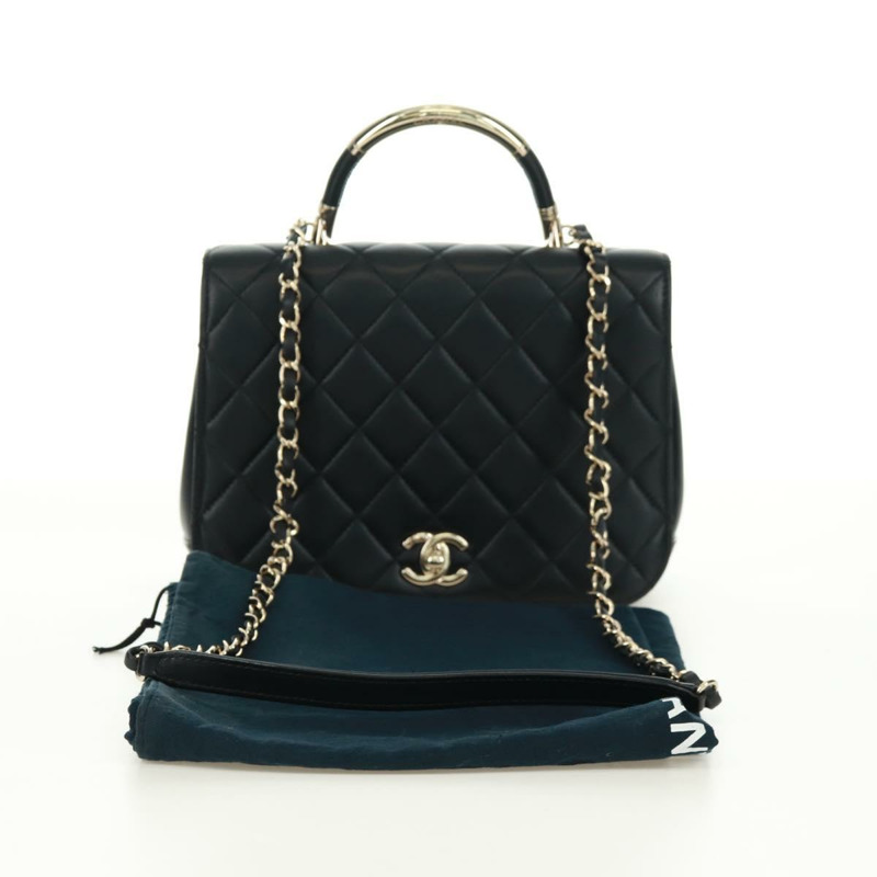 【日本直送】香奈兒單蓋絎縫23羊皮手提包，黑色雙C標誌，SK007SM-11