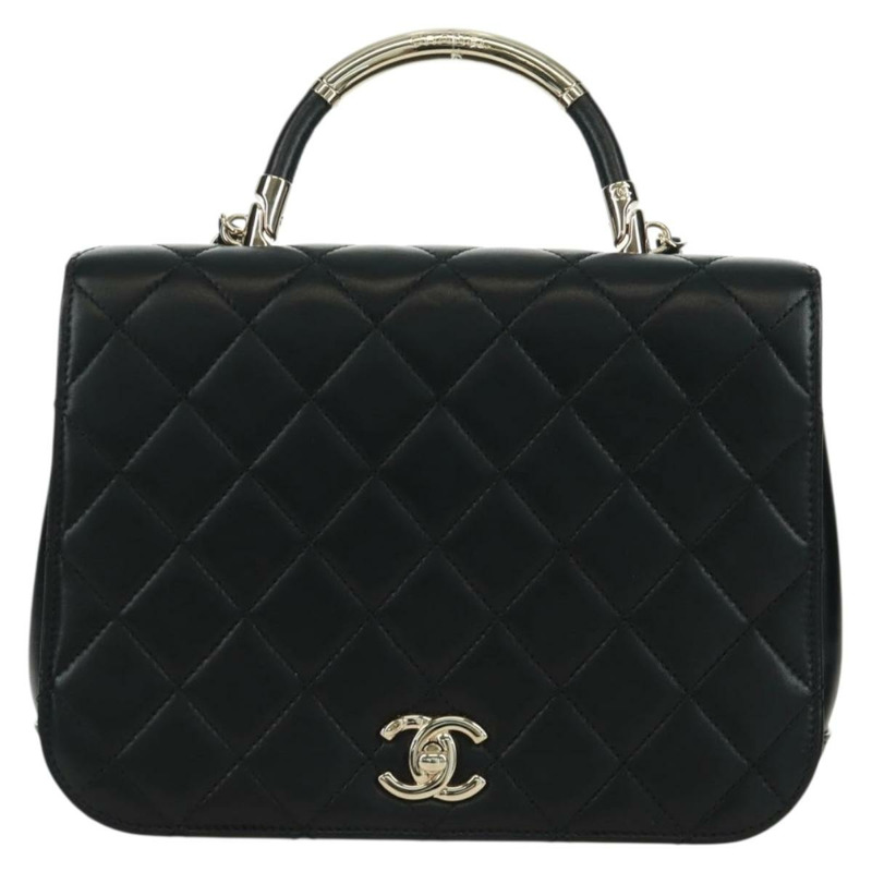 【日本直送】香奈兒單蓋絎縫23羊皮手提包，黑色雙C標誌，SK007SM-12