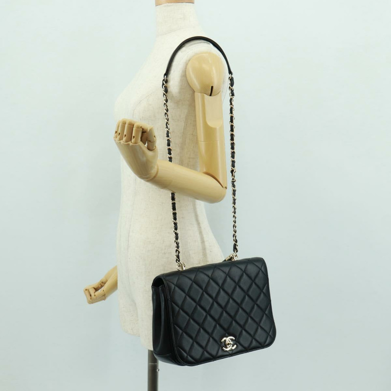 【日本直送】香奈兒單蓋絎縫23羊皮手提包，黑色雙C標誌，SK007SM-28