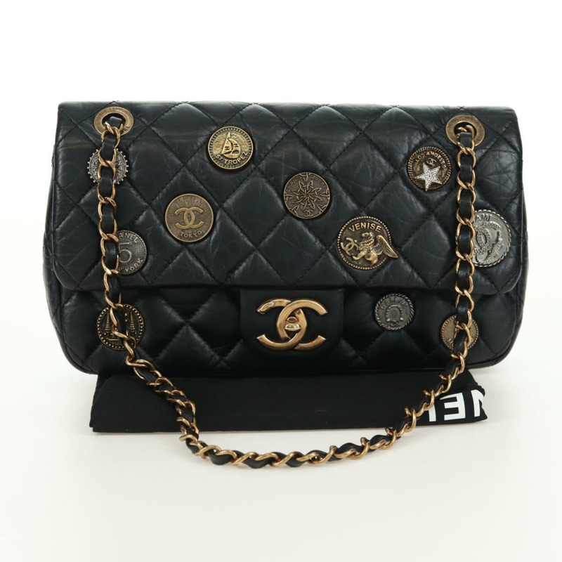 【日本直送】香奈兒單蓋鏈世界硬幣圖案絎縫25小牛皮CC正品SK013SM-11