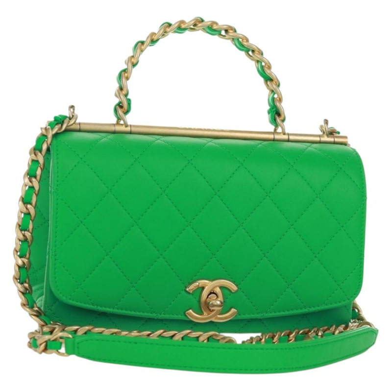 【日本直送】香奈兒 (CHANEL) Matelasse 頂部手柄鏈條包，皮革材質，兩用，綠色/金色雙C標誌，貨號 173128SM-0