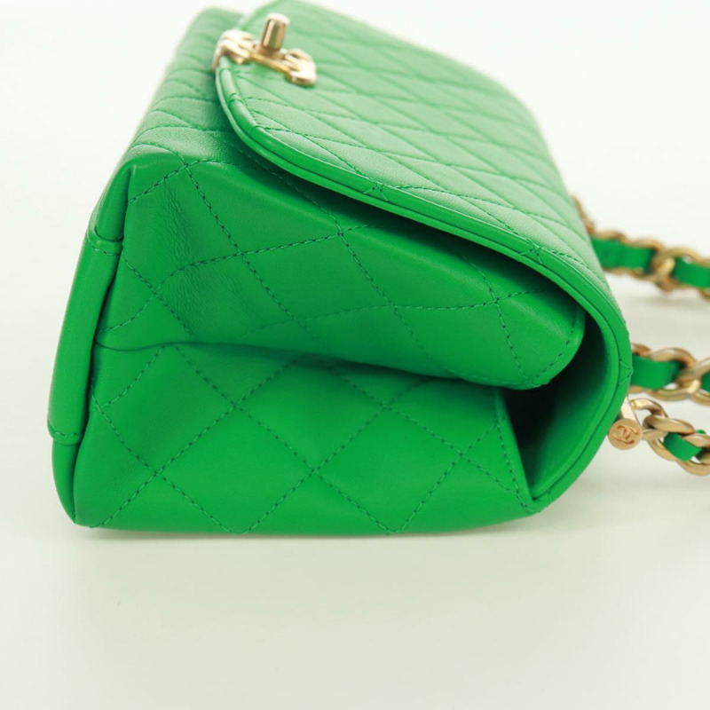 【日本直送】香奈兒 (CHANEL) Matelasse 頂部手柄鏈條包，皮革材質，兩用，綠色/金色雙C標誌，貨號 173128SM-3