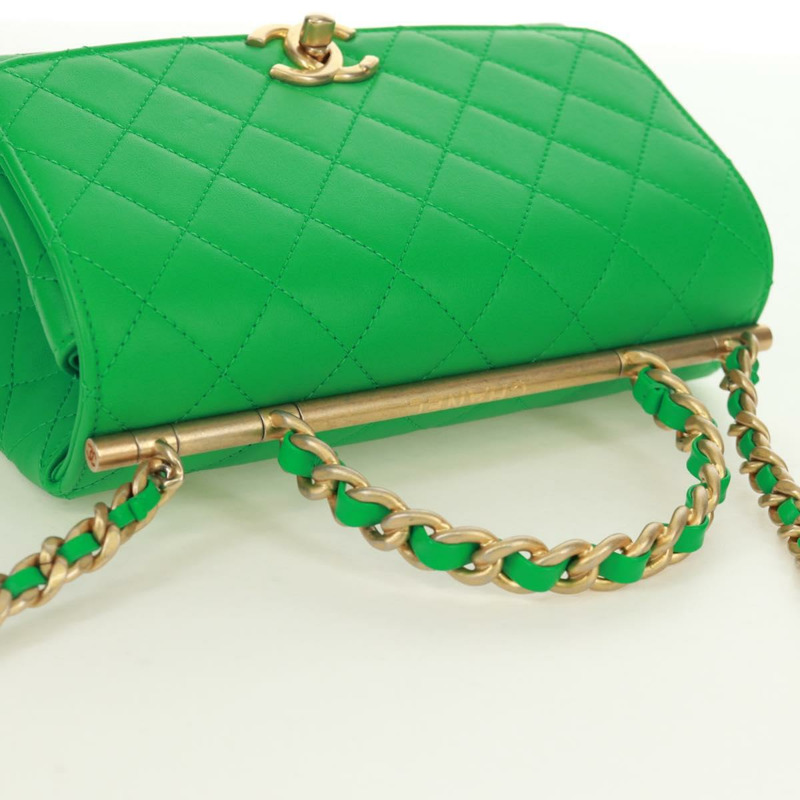 【日本直送】香奈兒 (CHANEL) Matelasse 頂部手柄鏈條包，皮革材質，兩用，綠色/金色雙C標誌，貨號 173128SM-5