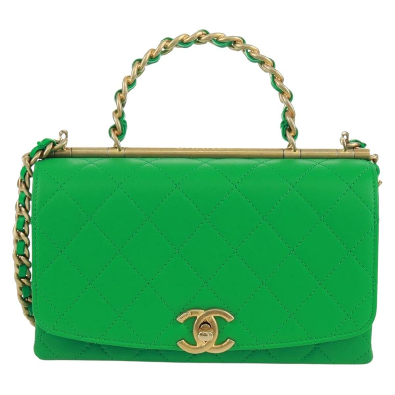 【日本直送】香奈兒 (CHANEL) Matelasse 頂部手柄鏈條包，皮革材質，兩用，綠色/金色雙C標誌，貨號 173128SM-12
