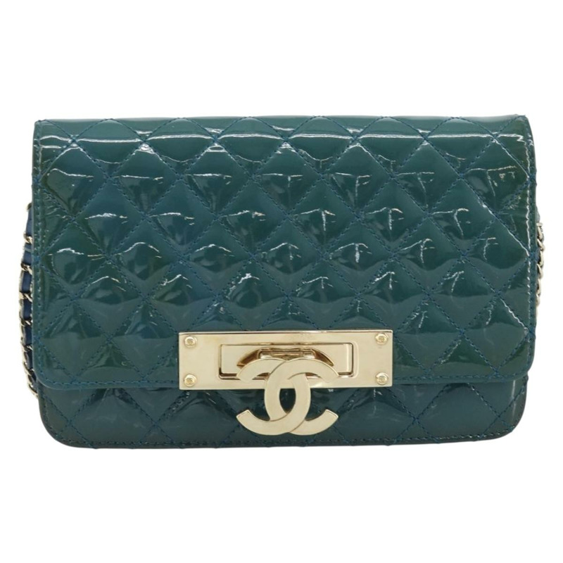 【日本直送】香奈兒 (CHANEL) Matelasse 鏈條肩背包，漆皮綠色金色雙C標誌，貨號 173130SAM-12