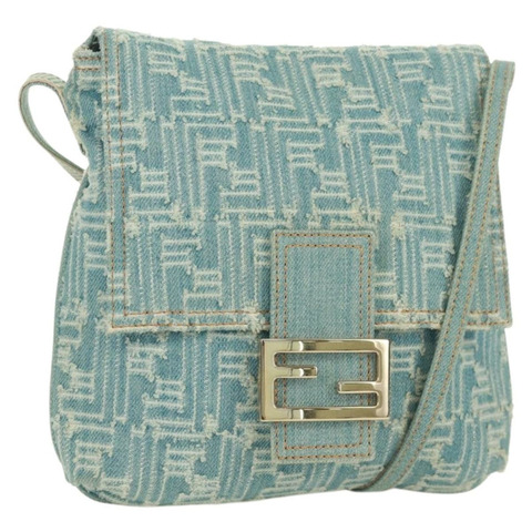 FENDI Zucca帆布Mamma Baguette單肩包 淺藍 金 正品 173198V