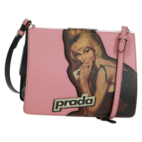 PRADA 鏈條單肩包 Safiano 皮革 粉紅色 銀色 正品 172073M