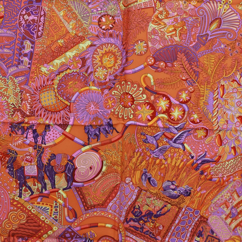 【日本直送】HERMES Carre 90 圍巾「AU FIL DU CARRE」絲質橘色 172021M-5