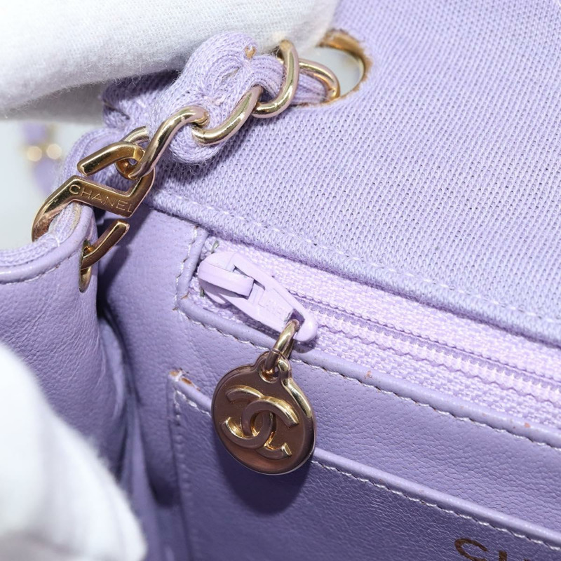 【日本直送】香奈兒絎縫鏈條肩背包，棉質紫色金色雙C標誌，正品 ka2484SAV-24