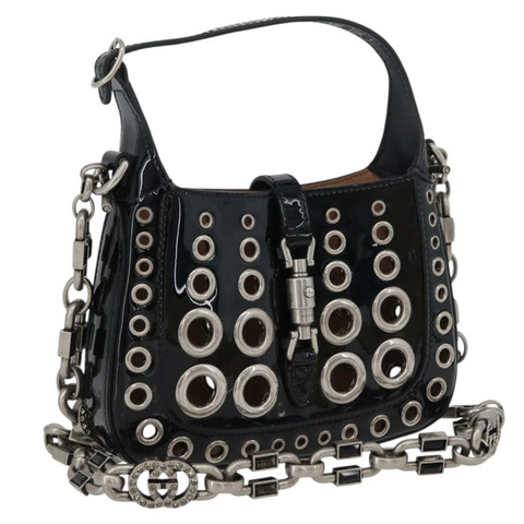 GUCCI 新款 Jackie 迷你鏈條 HAHAHA 包，漆皮兩用黑色 699651，正品編號 168036SM