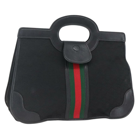 GUCCI GG帆布織帶雪莉酒系列手提包 黑色金色 Auth mr2031V