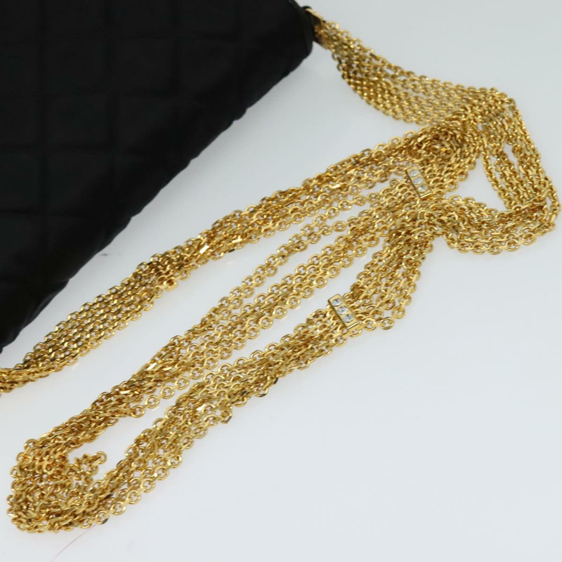 【日本直送】香奈兒 (CHANEL) 菱格紋鏈條肩背包，緞面黑色，金色雙C標誌，貨號 113270V-6