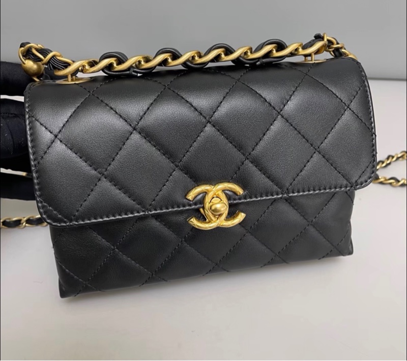 【98新 ✨ 全網最低價！】Chanel香奈兒 黑金 斜挎包 雙金珠手柄 風琴包 芯片款 （下單前先詢問庫存❗️）-10