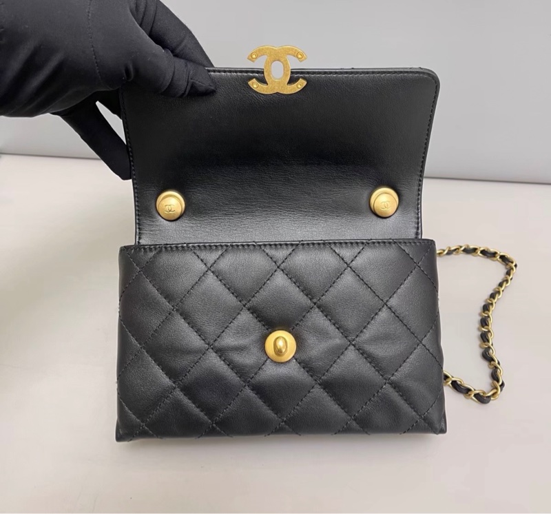 【98新 ✨ 全網最低價！】Chanel香奈兒 黑金 斜挎包 雙金珠手柄 風琴包 芯片款 （下單前先詢問庫存❗️）-11
