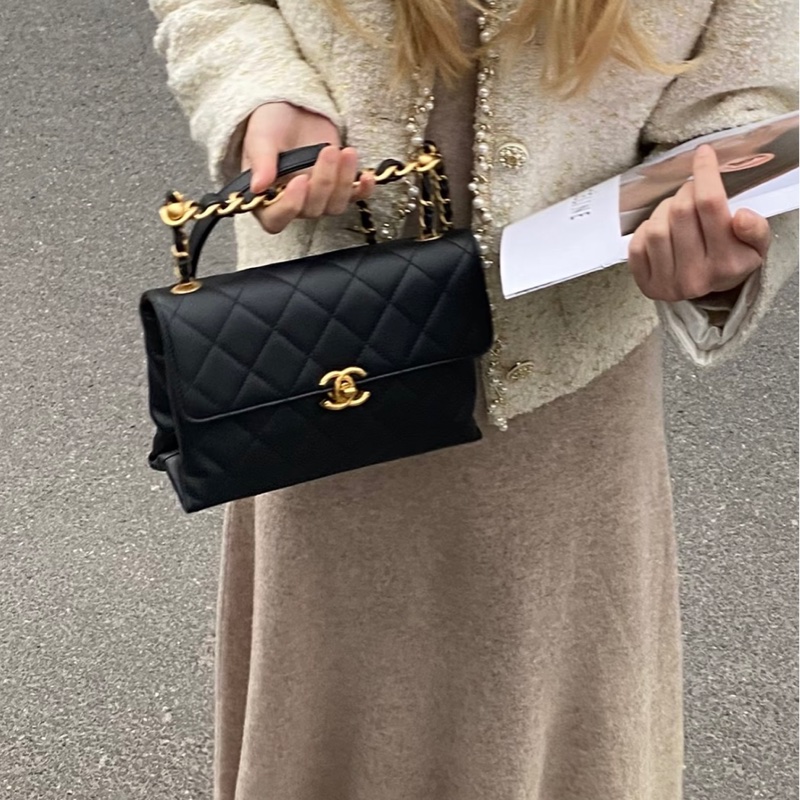 【98新 ✨ 全網最低價！】Chanel香奈兒 黑金 斜挎包 雙金珠手柄 風琴包 芯片款 （下單前先詢問庫存❗️）-14