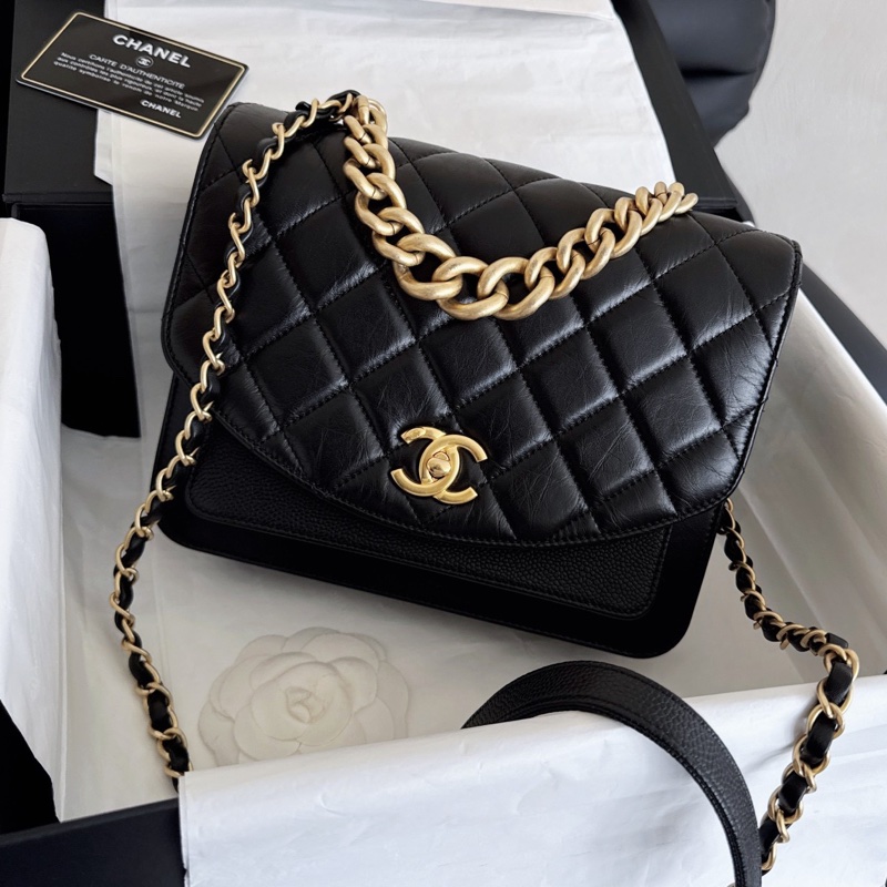 【近新閒置品】Chanel 香奈兒 黑金孟買風琴包 郵差包 大金鍊條手提單肩斜挎包 28開大全套-1