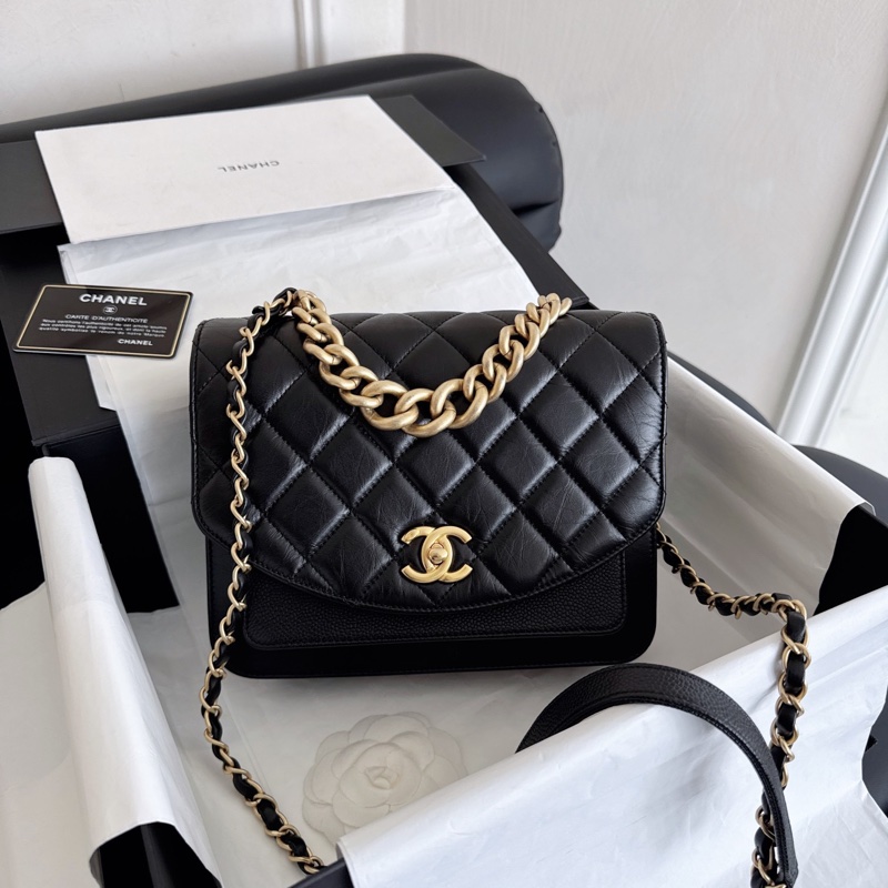 【近新閒置品】Chanel 香奈兒 黑金孟買風琴包 郵差包 大金鍊條手提單肩斜挎包 28開大全套-4