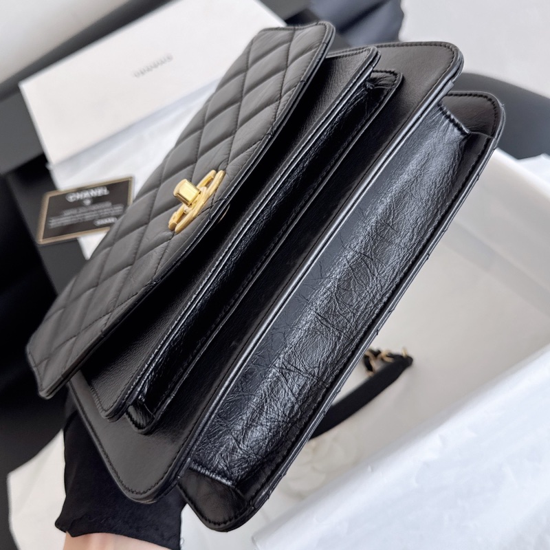 【近新閒置品】Chanel 香奈兒 黑金孟買風琴包 郵差包 大金鍊條手提單肩斜挎包 28開大全套-5