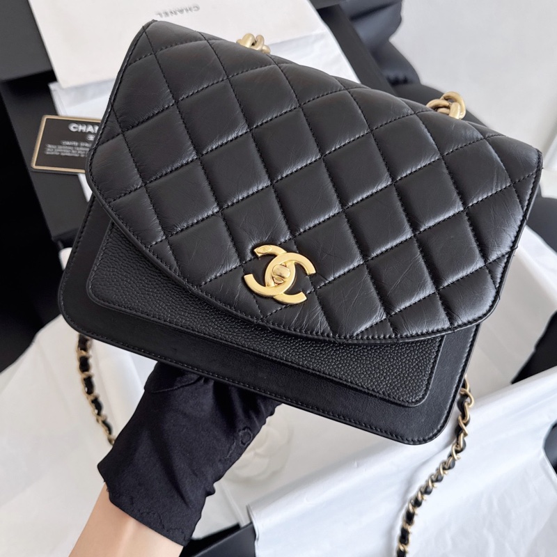 【近新閒置品】Chanel 香奈兒 黑金孟買風琴包 郵差包 大金鍊條手提單肩斜挎包 28開大全套-11