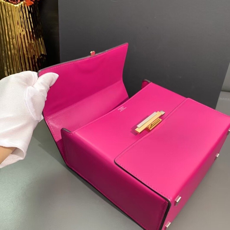 愛馬仕Hermes cinhetic盒子包 手提包玫瑰粉D刻  山羊皮 銀鏈 色彩活潑 尺寸18*17㎝-5