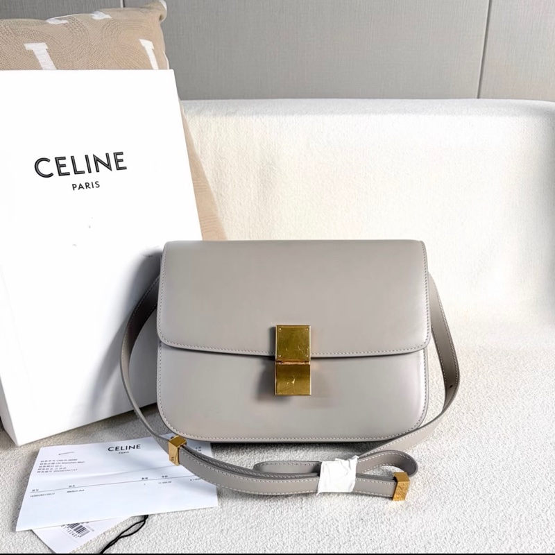 Celine 豆腐包 中號 灰色 金扣 牛皮-0