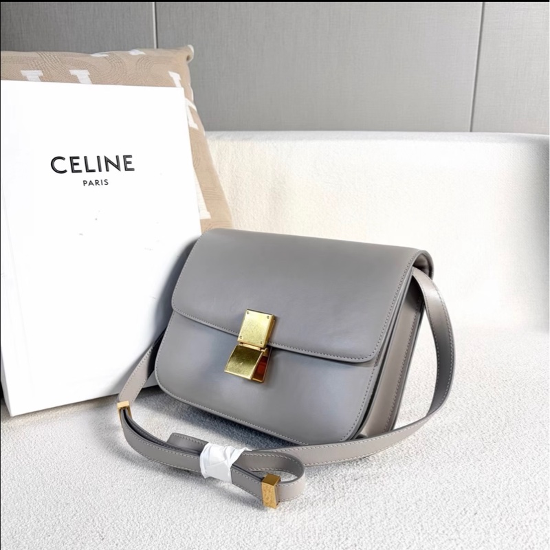Celine 豆腐包 中號 灰色 金扣 牛皮-3